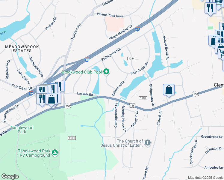 map of restaurants, bars, coffee shops, grocery stores, and more near 4438 Driftwood Drive in Clemmons