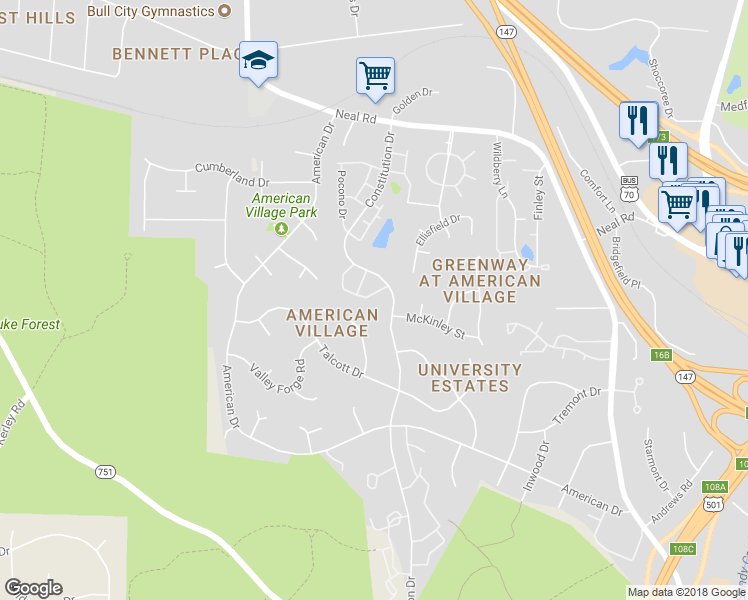 map of restaurants, bars, coffee shops, grocery stores, and more near 76 Intuition Circle in Durham