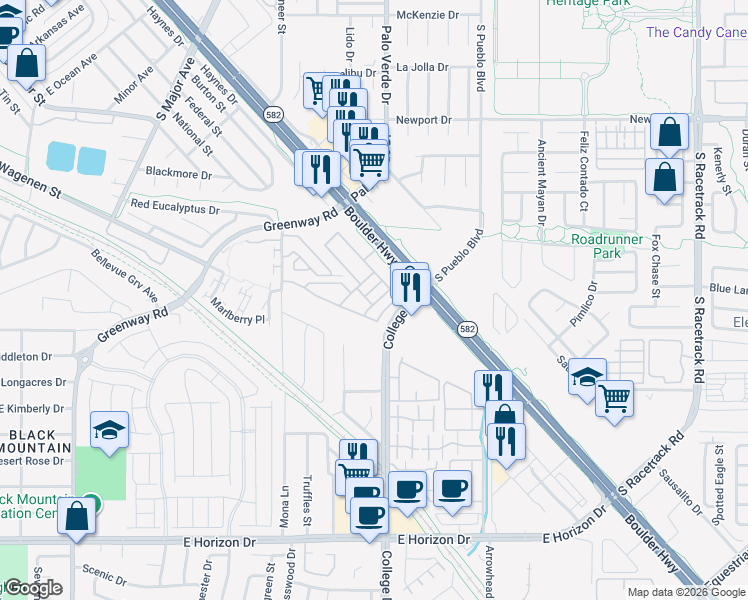 map of restaurants, bars, coffee shops, grocery stores, and more near 227 College Drive in Henderson