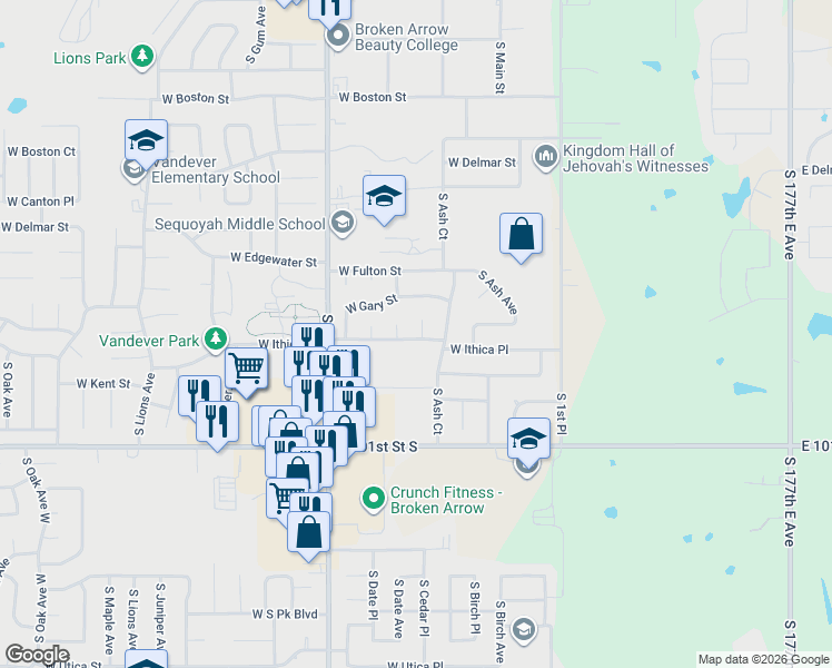 map of restaurants, bars, coffee shops, grocery stores, and more near 3016 South Birch Avenue in Broken Arrow