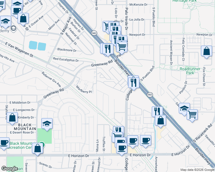 map of restaurants, bars, coffee shops, grocery stores, and more near 626 Bellus Place in Henderson