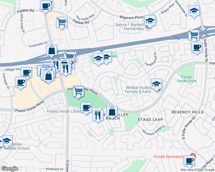 map of restaurants, bars, coffee shops, grocery stores, and more near 2049 Foxfire Ct in Henderson