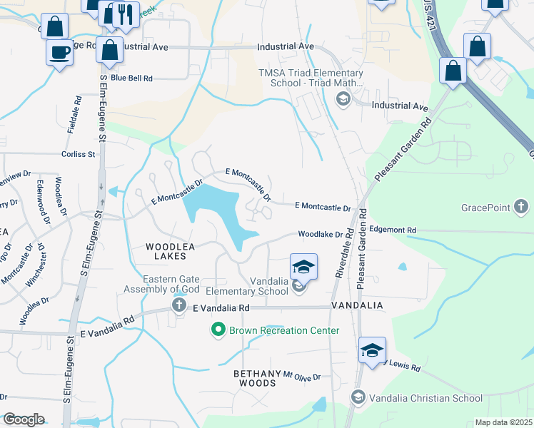 map of restaurants, bars, coffee shops, grocery stores, and more near 16 Grassy Knoll Circle in Greensboro