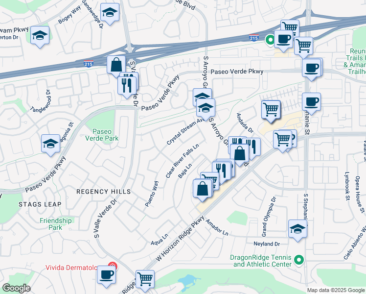 map of restaurants, bars, coffee shops, grocery stores, and more near 1762 Clear River Falls Lane in Henderson