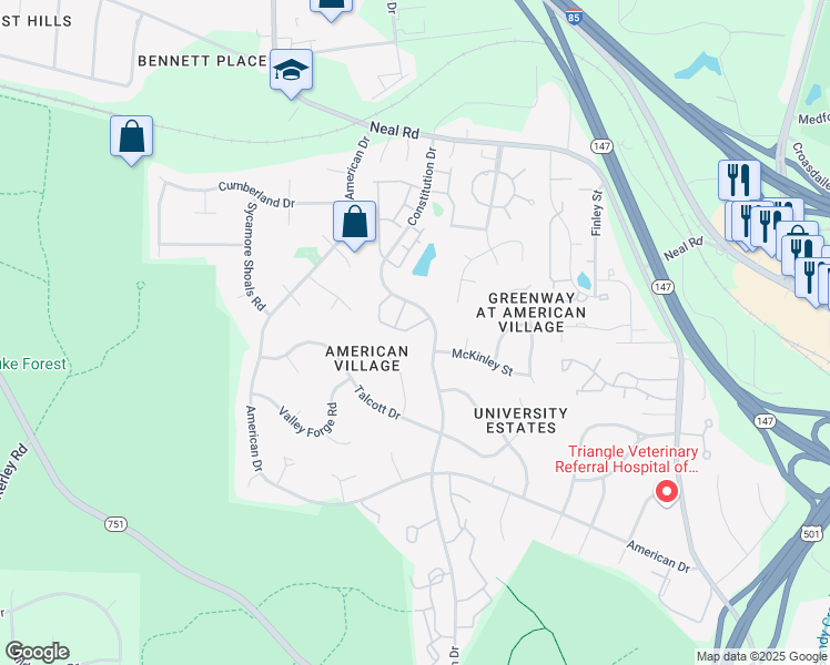 map of restaurants, bars, coffee shops, grocery stores, and more near 78 Intuition Circle in Durham