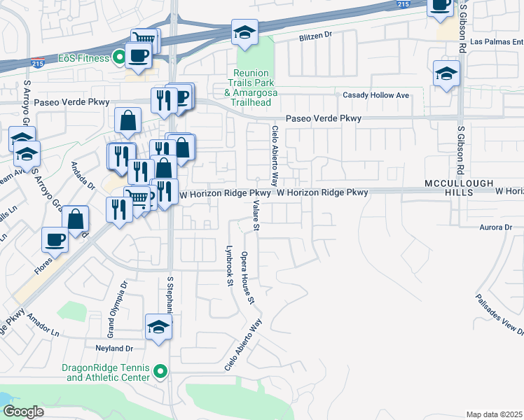 map of restaurants, bars, coffee shops, grocery stores, and more near 1297 Ventura Cliffs Avenue in Henderson