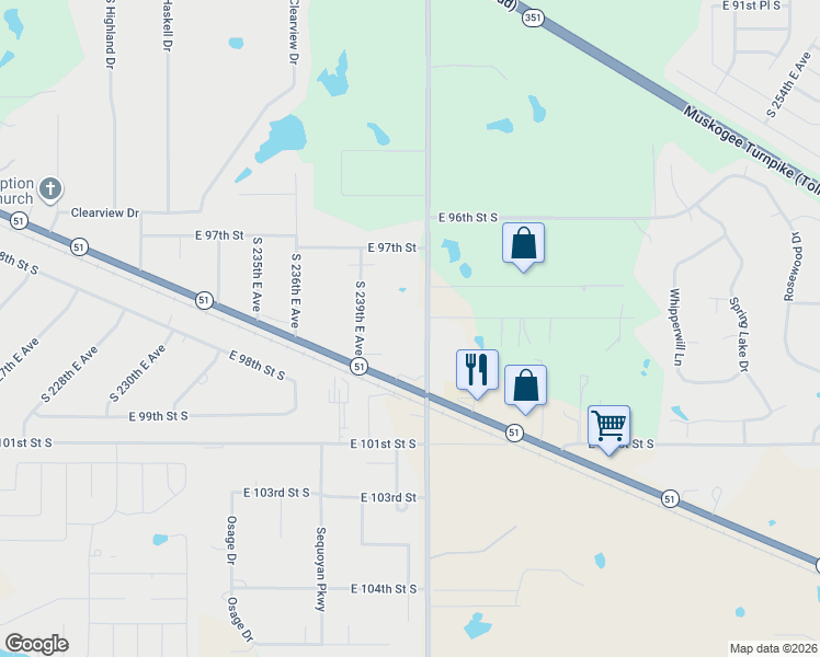 map of restaurants, bars, coffee shops, grocery stores, and more near 9812 South 241st East Avenue in Broken Arrow