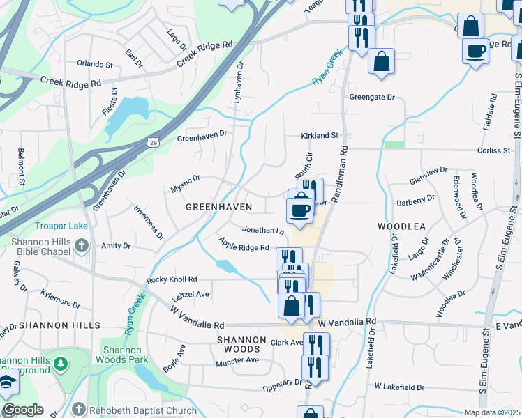 map of restaurants, bars, coffee shops, grocery stores, and more near 617 Mystic Drive in Greensboro