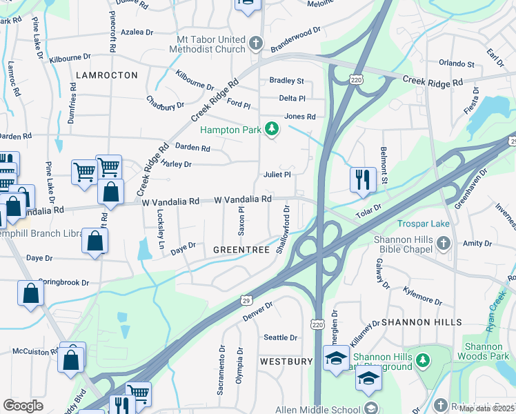 map of restaurants, bars, coffee shops, grocery stores, and more near 1303 W Vandalia Rd in Greensboro