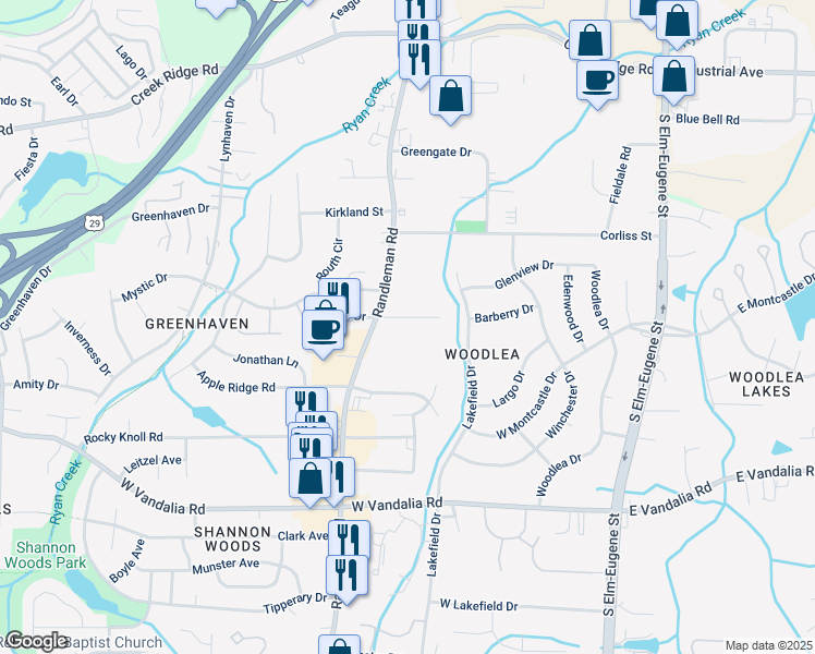 map of restaurants, bars, coffee shops, grocery stores, and more near 315 Idolbrook Drive in Greensboro