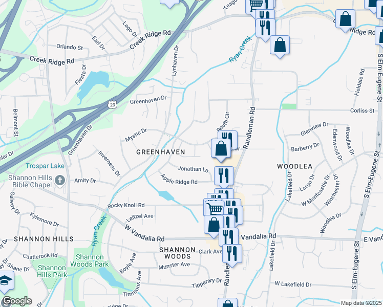 map of restaurants, bars, coffee shops, grocery stores, and more near 617 Mystic Drive in Greensboro