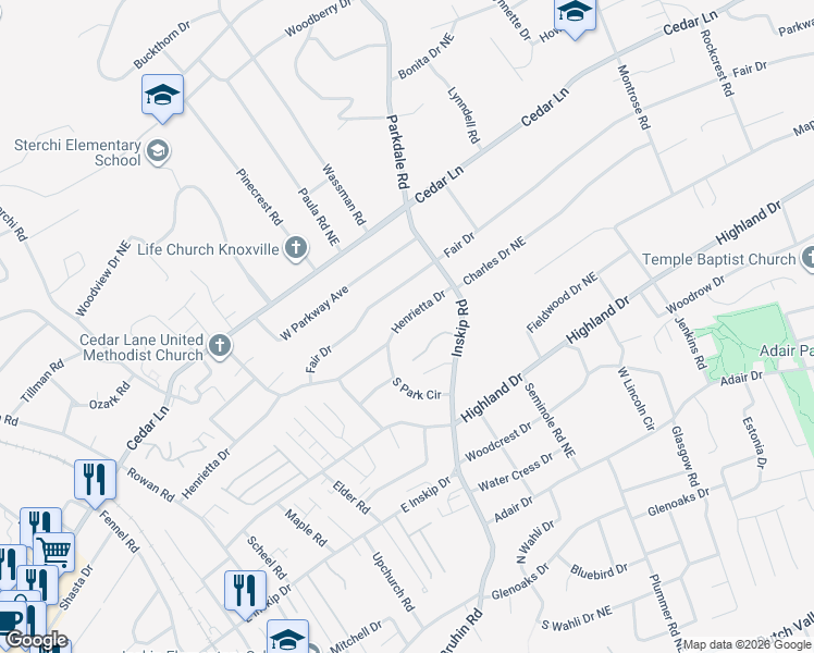 map of restaurants, bars, coffee shops, grocery stores, and more near 1104 Henrietta Drive in Knoxville