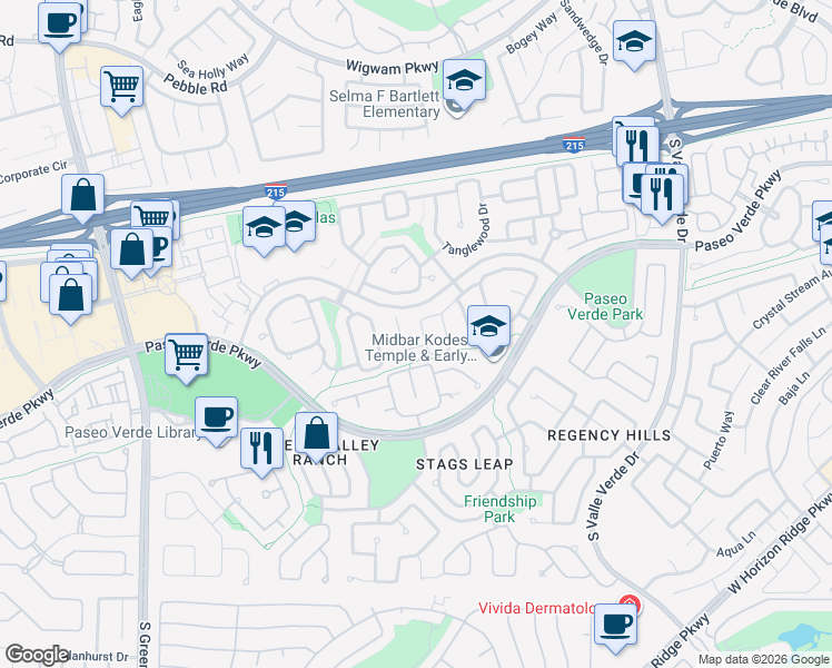 map of restaurants, bars, coffee shops, grocery stores, and more near 219 Cimarron Village Way in Henderson