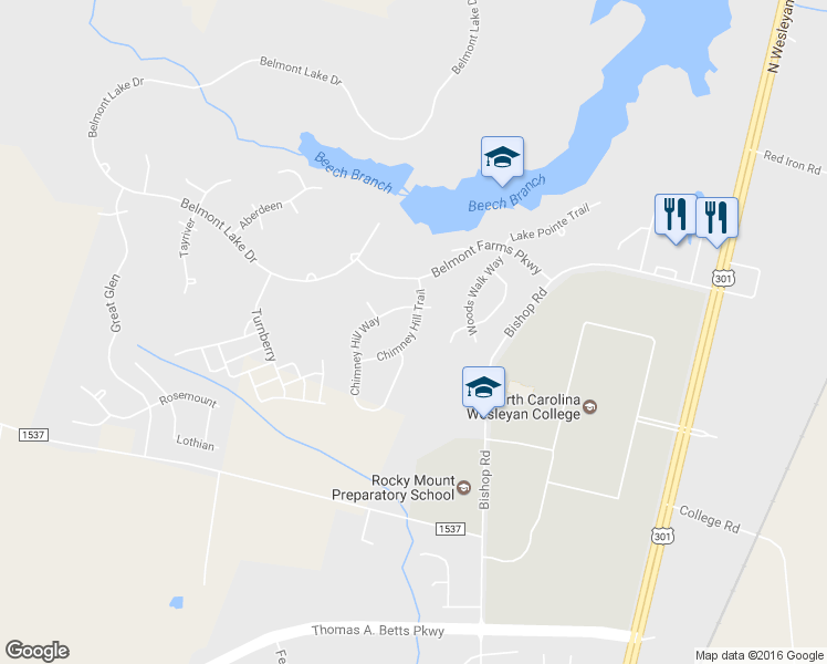 map of restaurants, bars, coffee shops, grocery stores, and more near Chimney Hill Trail in Rocky Mount