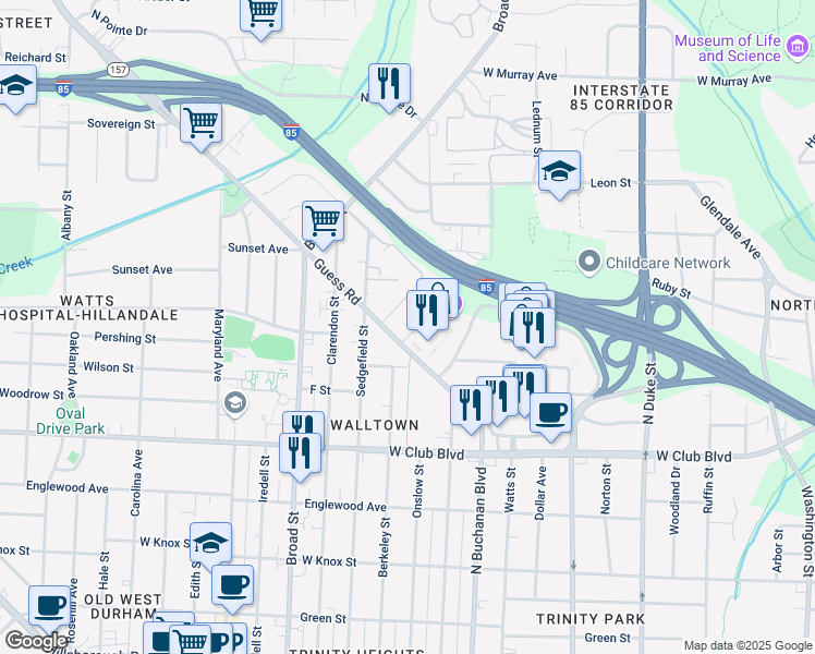 map of restaurants, bars, coffee shops, grocery stores, and more near 1407 Berkeley Street in Durham