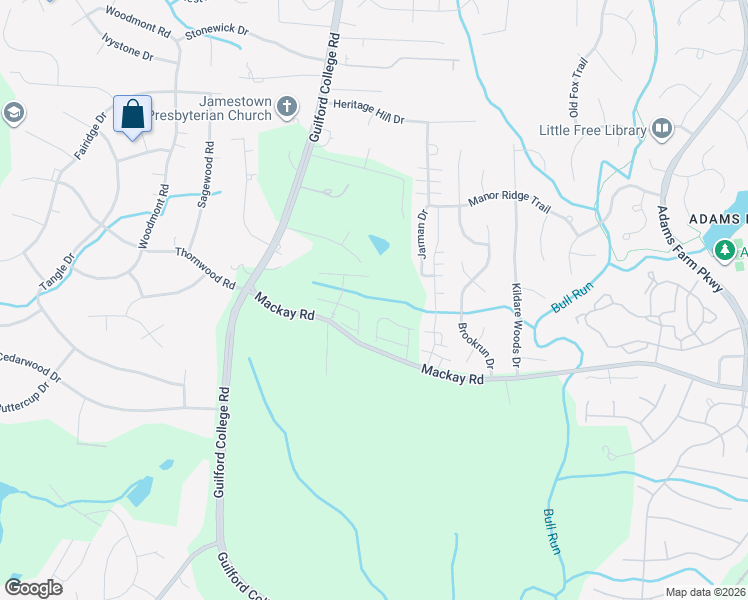 map of restaurants, bars, coffee shops, grocery stores, and more near 208 Jordan Ridge Way in Jamestown
