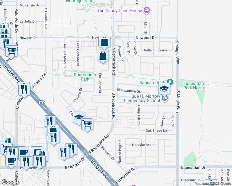 map of restaurants, bars, coffee shops, grocery stores, and more near 613 Braverwood Drive in Henderson