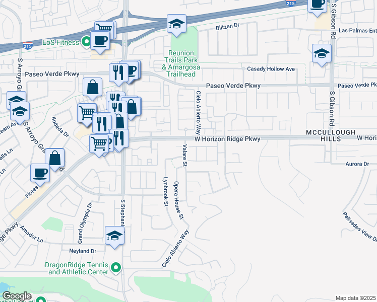 map of restaurants, bars, coffee shops, grocery stores, and more near 1297 Ventura Cliffs Avenue in Henderson
