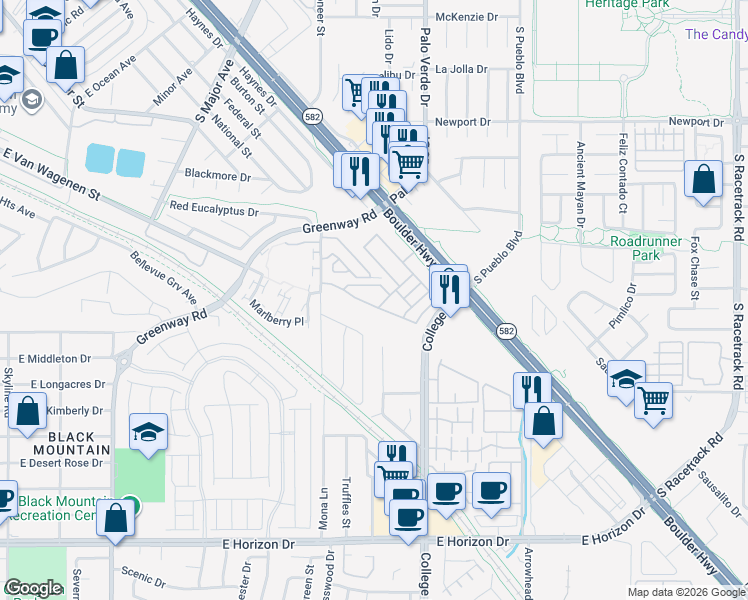 map of restaurants, bars, coffee shops, grocery stores, and more near 639 Bellus Place in Henderson