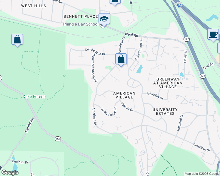 map of restaurants, bars, coffee shops, grocery stores, and more near 4424 Talcott Drive in Durham