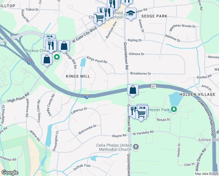 map of restaurants, bars, coffee shops, grocery stores, and more near 2807 York House Drive in Greensboro