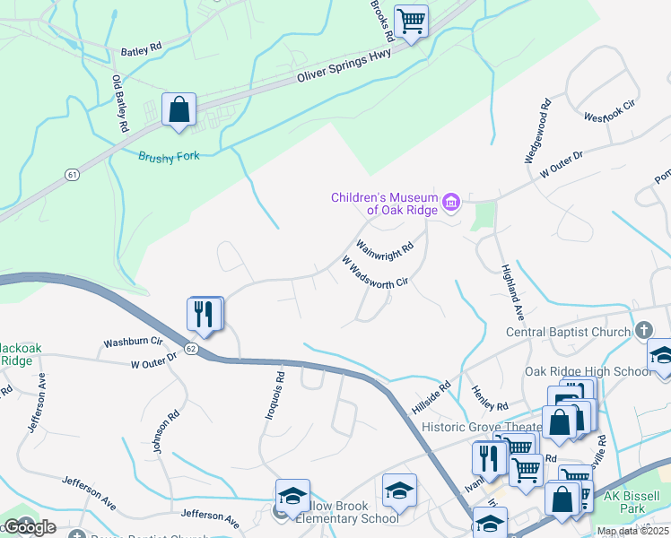 map of restaurants, bars, coffee shops, grocery stores, and more near 103 Walnut Lane in Oak Ridge