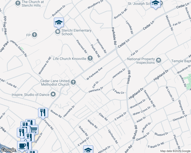 map of restaurants, bars, coffee shops, grocery stores, and more near 1016 West Parkway Avenue in Knoxville