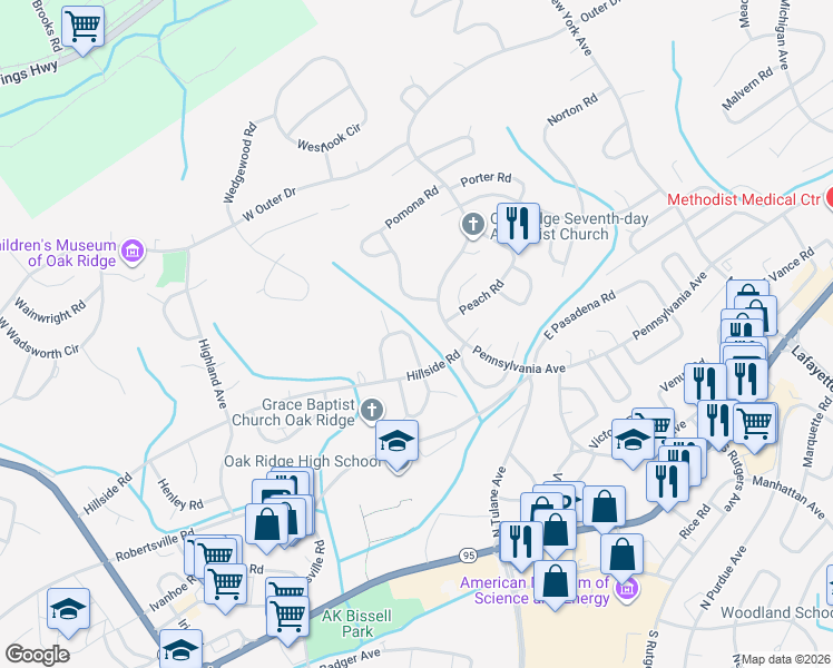 map of restaurants, bars, coffee shops, grocery stores, and more near 106 Hunter Circle in Oak Ridge