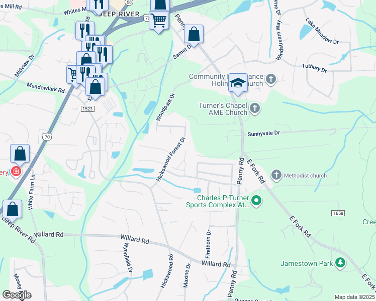 map of restaurants, bars, coffee shops, grocery stores, and more near 3630 Rock Meadow Circle in High Point