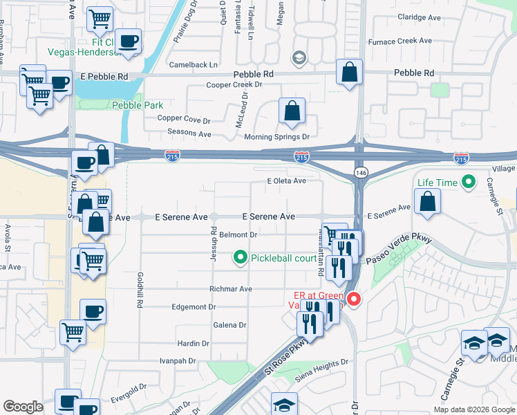 map of restaurants, bars, coffee shops, grocery stores, and more near 3120 East Serene Avenue in Henderson