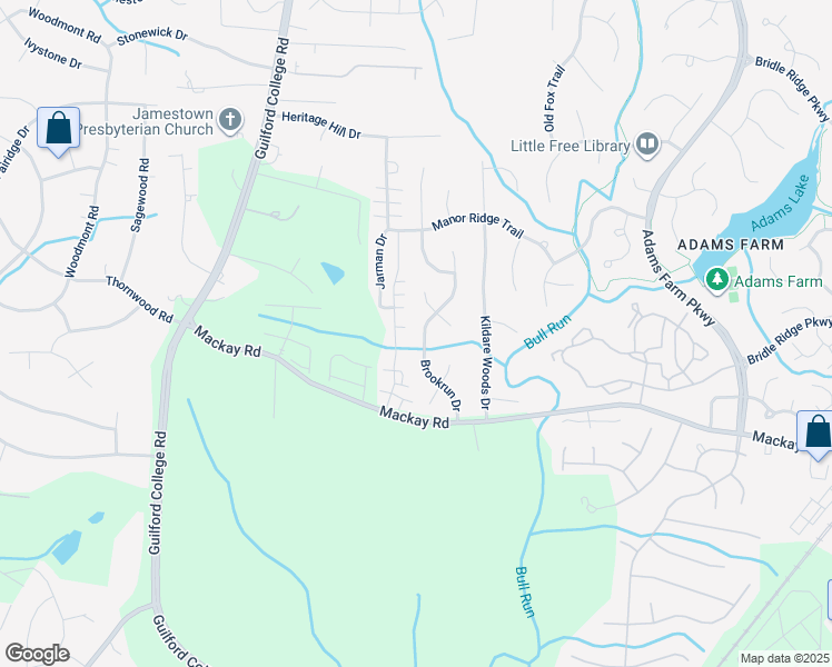 map of restaurants, bars, coffee shops, grocery stores, and more near 3206 Brookrun Drive in Jamestown