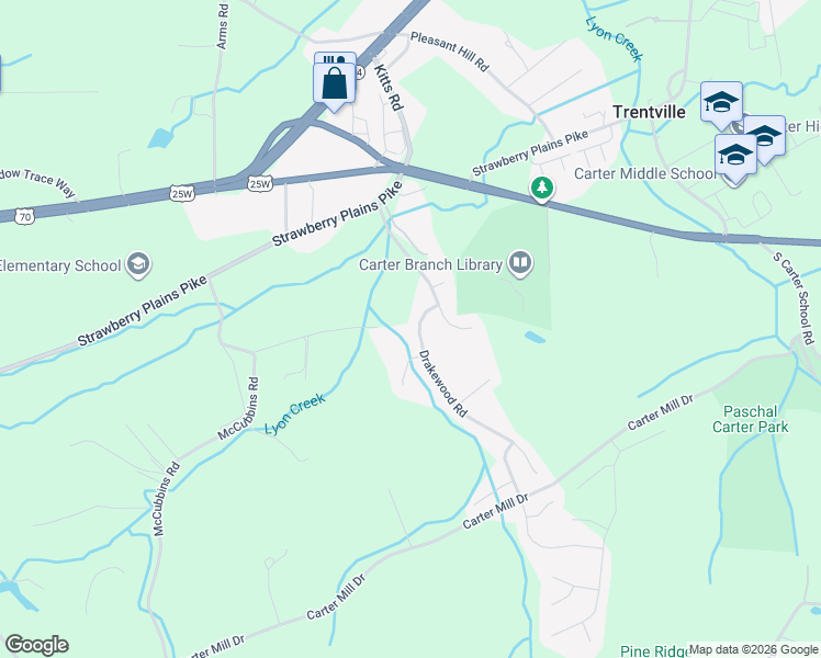 map of restaurants, bars, coffee shops, grocery stores, and more near 425 Drakewood Road in Knoxville