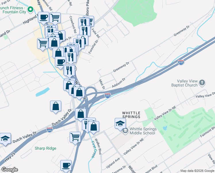 map of restaurants, bars, coffee shops, grocery stores, and more near 2711 Addison Drive in Knoxville