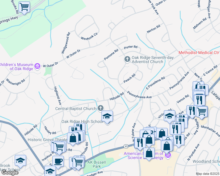 map of restaurants, bars, coffee shops, grocery stores, and more near 106 Hunter Circle in Oak Ridge