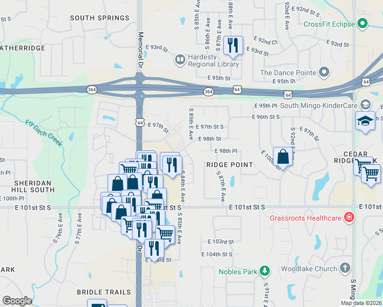 map of restaurants, bars, coffee shops, grocery stores, and more near 8610 East 98th Place in Tulsa