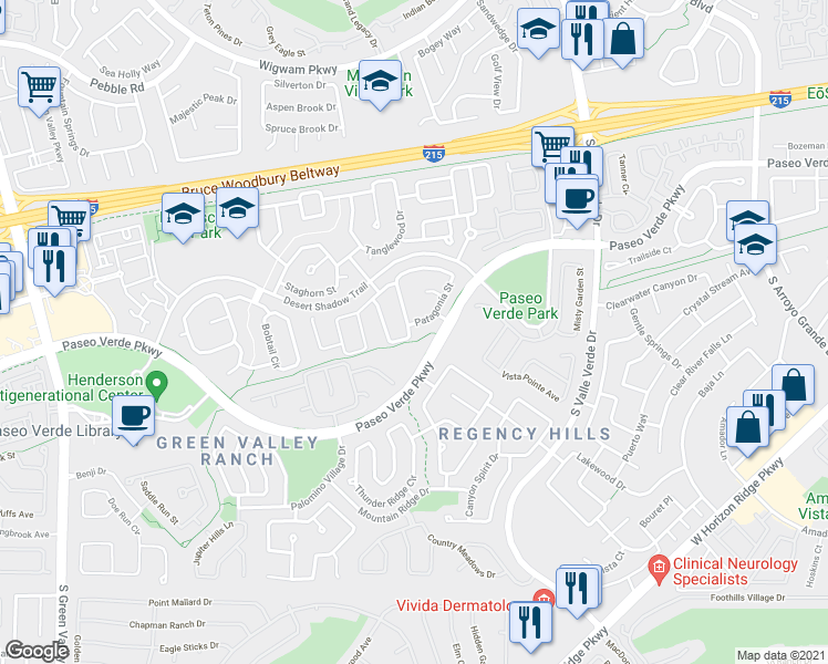 map of restaurants, bars, coffee shops, grocery stores, and more near 1939 Patagonia Street in Henderson