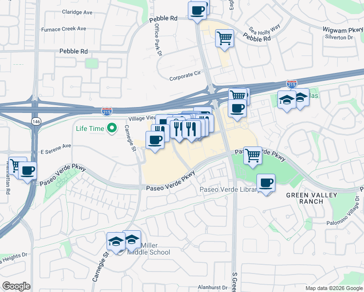 map of restaurants, bars, coffee shops, grocery stores, and more near 2225 Village Walk Drive in Henderson