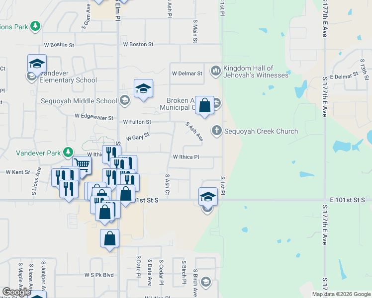 map of restaurants, bars, coffee shops, grocery stores, and more near 3021 South Ash Place in Broken Arrow