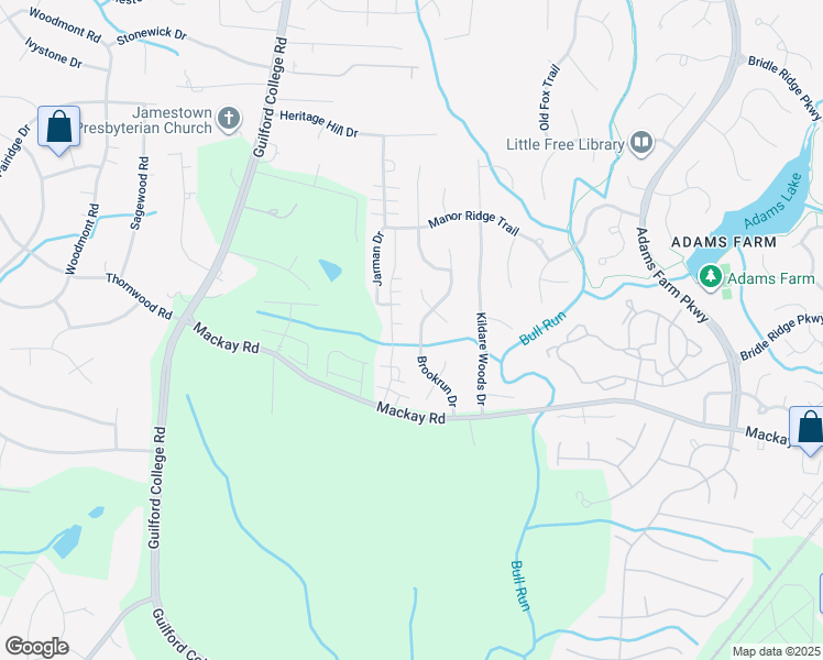 map of restaurants, bars, coffee shops, grocery stores, and more near 3206 Brookrun Drive in Jamestown