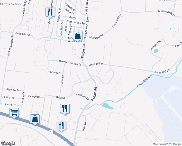 map of restaurants, bars, coffee shops, grocery stores, and more near 311 Valley Forge Court in La Vergne
