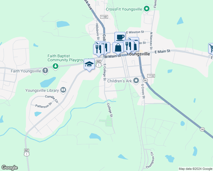 map of restaurants, bars, coffee shops, grocery stores, and more near 100 Bayberry Lane in Youngsville