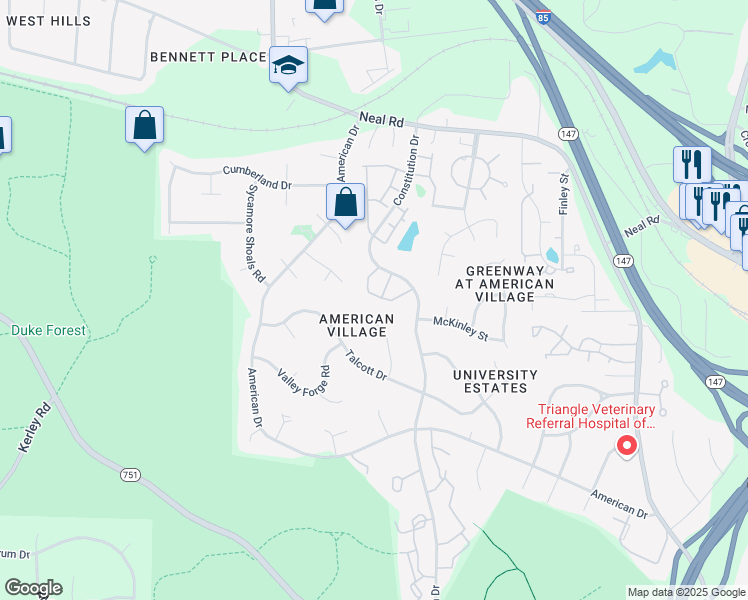 map of restaurants, bars, coffee shops, grocery stores, and more near 44 Intuition Circle in Durham