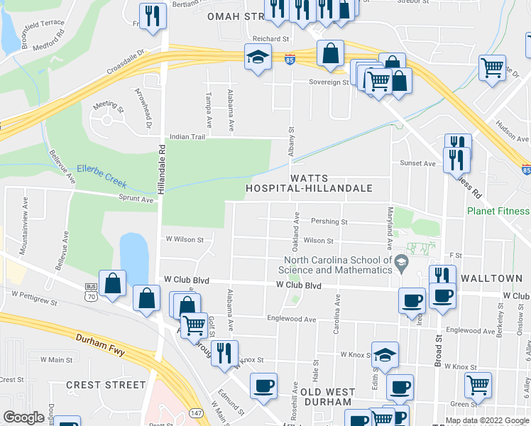map of restaurants, bars, coffee shops, grocery stores, and more near 1503 Virginia Avenue in Durham