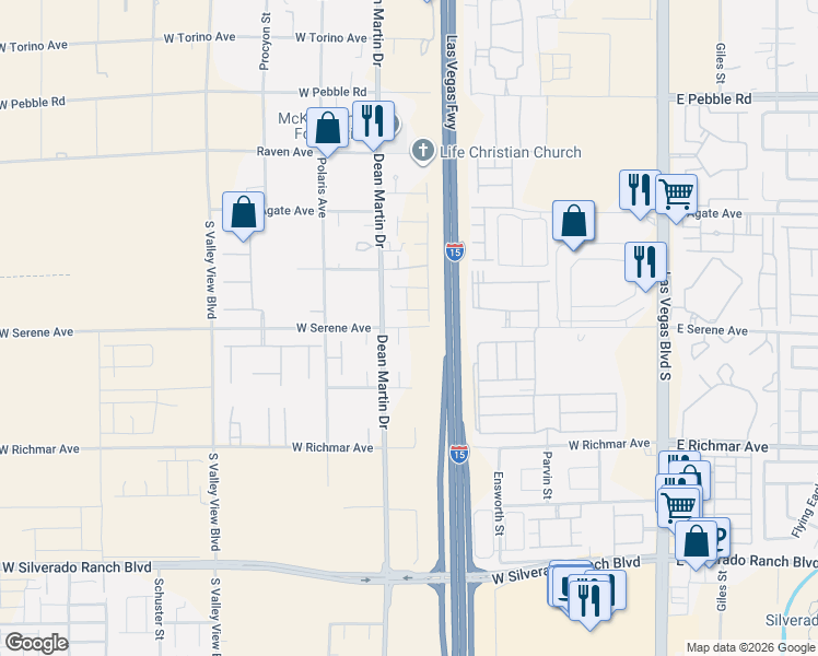 map of restaurants, bars, coffee shops, grocery stores, and more near 2445 West Serene Avenue in Las Vegas