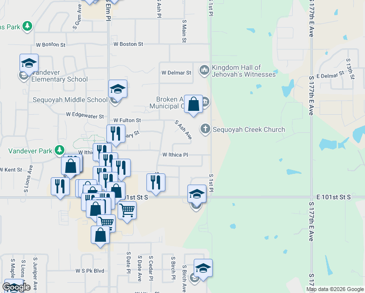 map of restaurants, bars, coffee shops, grocery stores, and more near 3021 South Ash Place in Broken Arrow
