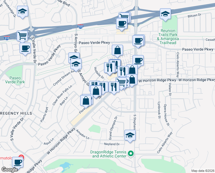 map of restaurants, bars, coffee shops, grocery stores, and more near 192 Oella Ridge Court in Henderson