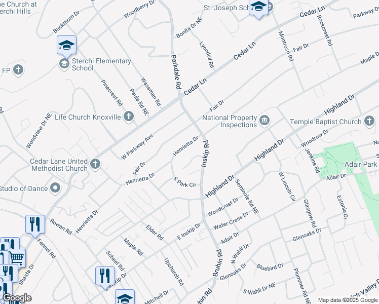 map of restaurants, bars, coffee shops, grocery stores, and more near 1108 Henrietta Drive in Knoxville