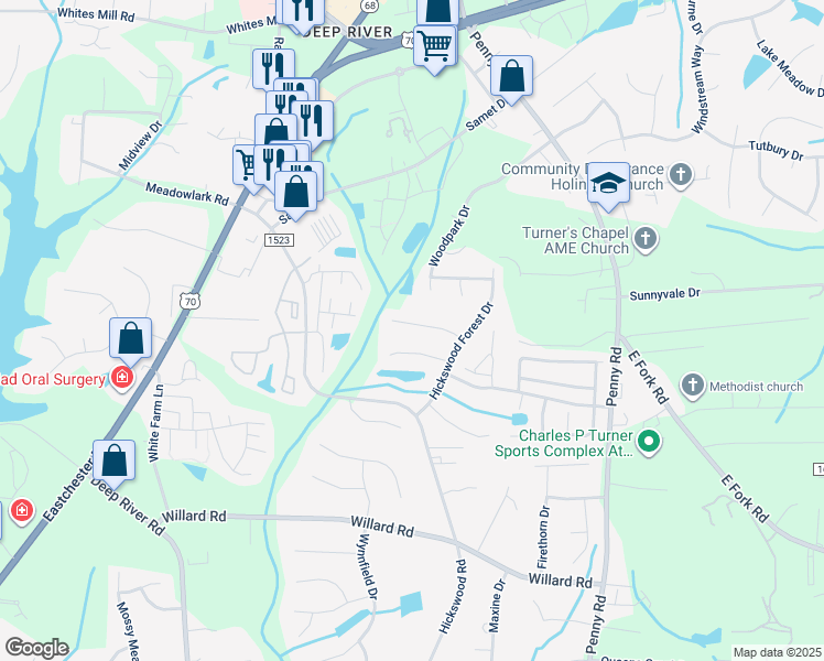 map of restaurants, bars, coffee shops, grocery stores, and more near 3868 Eagleston Court in High Point