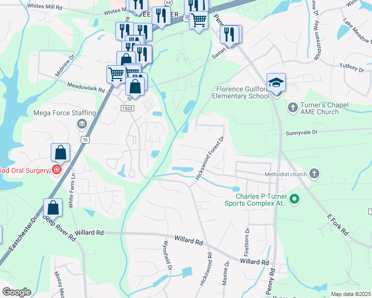 map of restaurants, bars, coffee shops, grocery stores, and more near 3864 Eagleston Court in High Point
