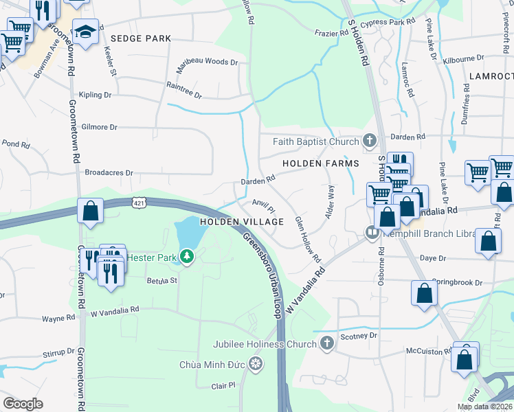 map of restaurants, bars, coffee shops, grocery stores, and more near 3241 Anvil Place in Greensboro